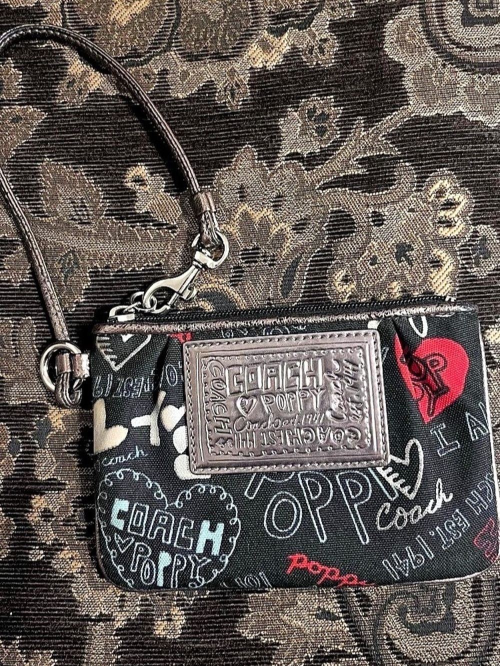 Coach Poppy Graffiti Heart Print Wristlet Crossbody Bag in Black & Red